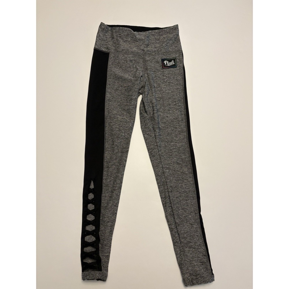 PINK Victorias Secret Ultimate Leggings Small Gray Black Mesh Cutout Side Stripe